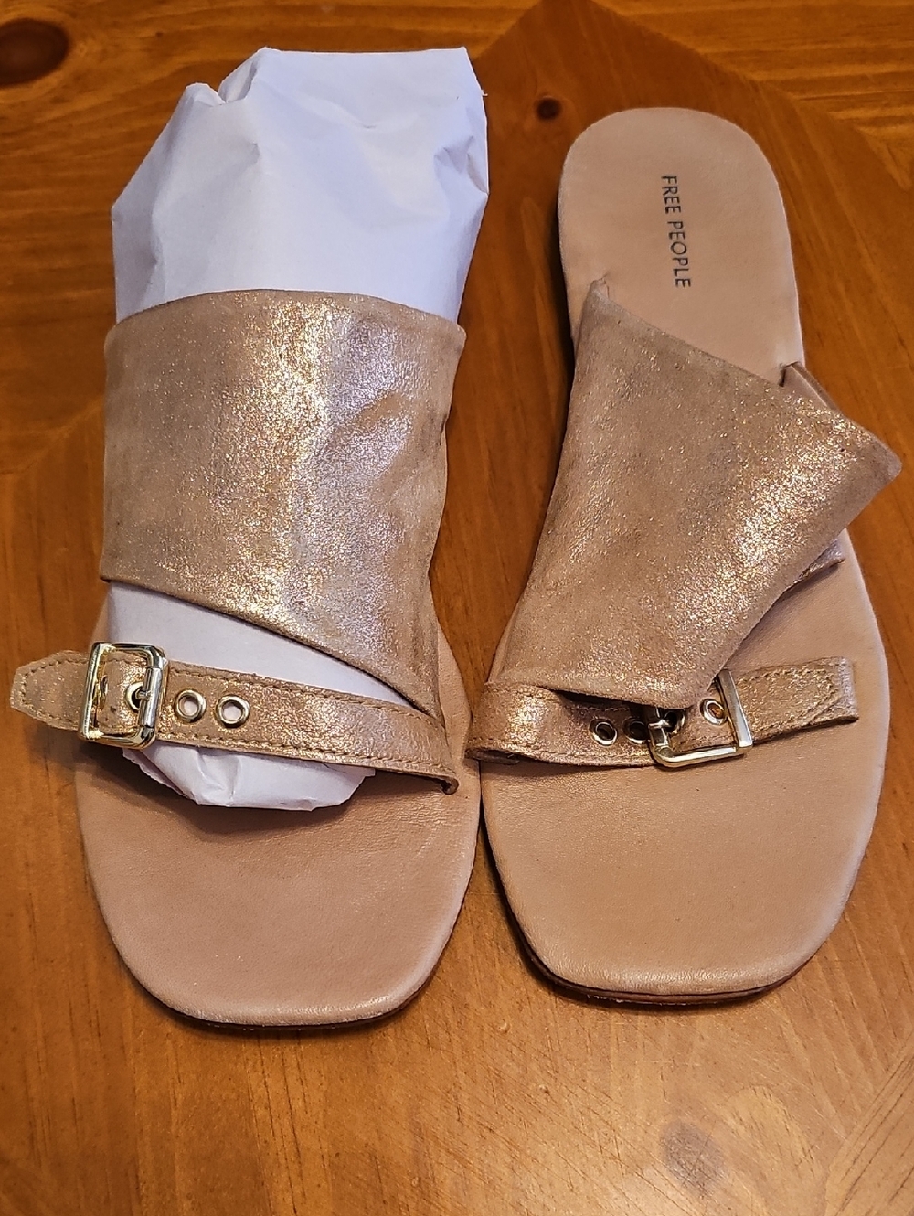 Free People Metallic Gold Buckle Slide Sandals